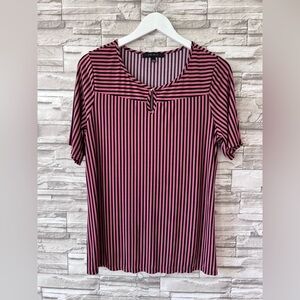 Atelier 24 Women’s Shot Sleeve Vertical Stripes Pink Black L Keyhole Blouse